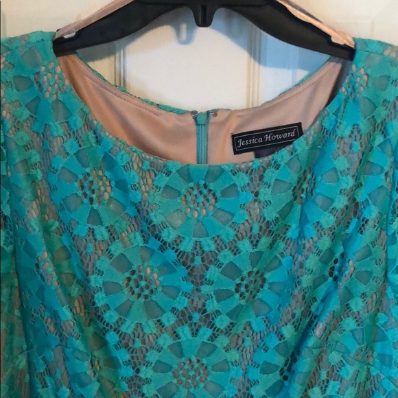 Lace 3/4 Sleeve Turquoise Sheath Lace Dress - Picture 2 of 4